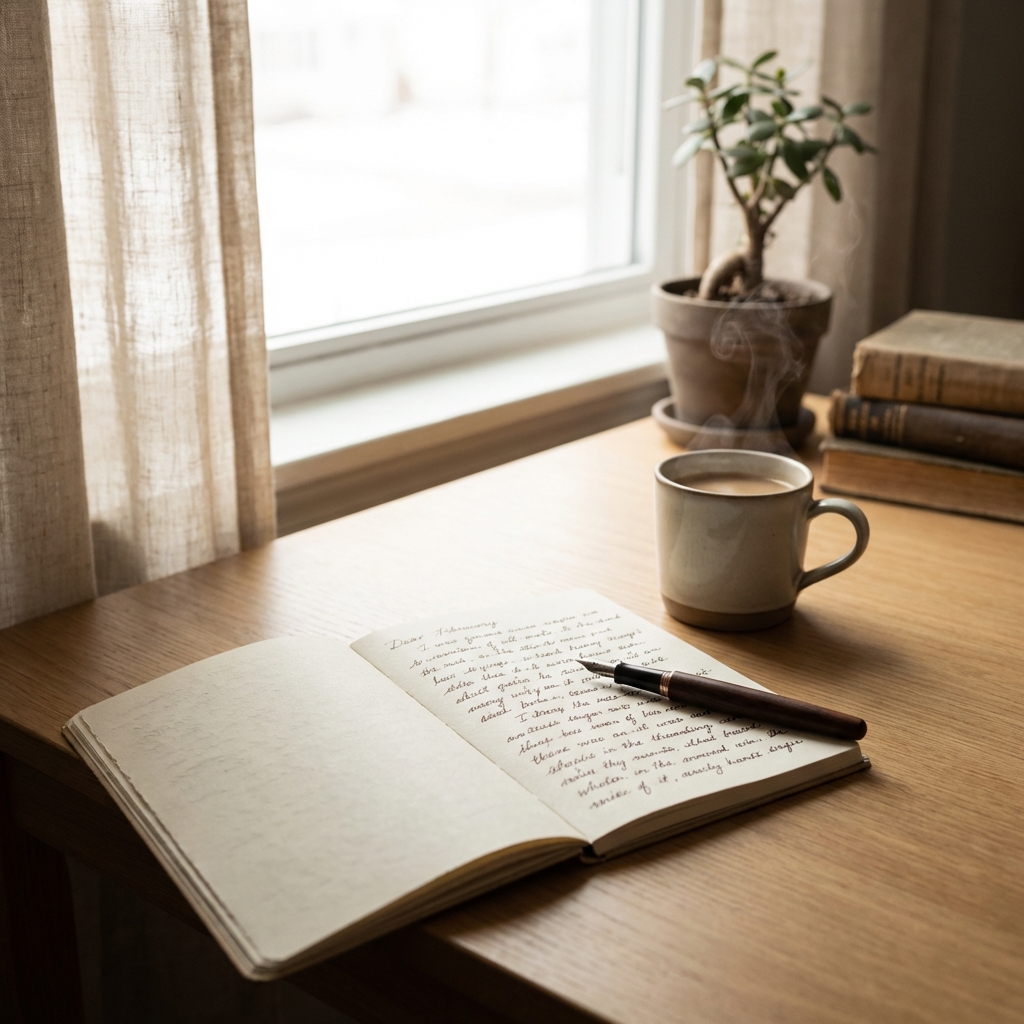 An open notebook with handwritten notes beside a cup of coffee near a window